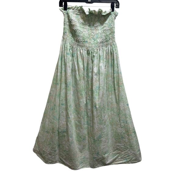 H&M Smocked Bodice Sundress M Light Green Floral Midi WovenCotton Unlined Boho - Picture 2 of 8